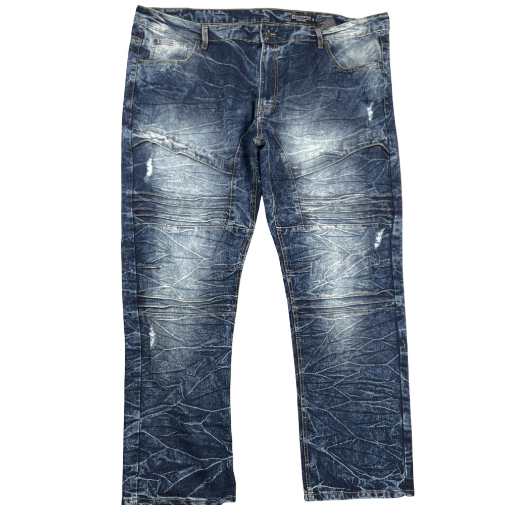Southpole Jeans Men 46 Blue Crinkle Distressed Moto Biker Slim Fit Stretch Denim